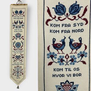 VTG 1975 Danish Needlepoint Wall Hanging Welcome Guest Cream Blue Floral Birds